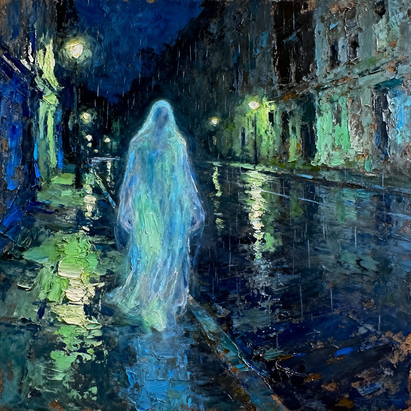 Spectral Ghost Haunting City Street in Expressionist Style