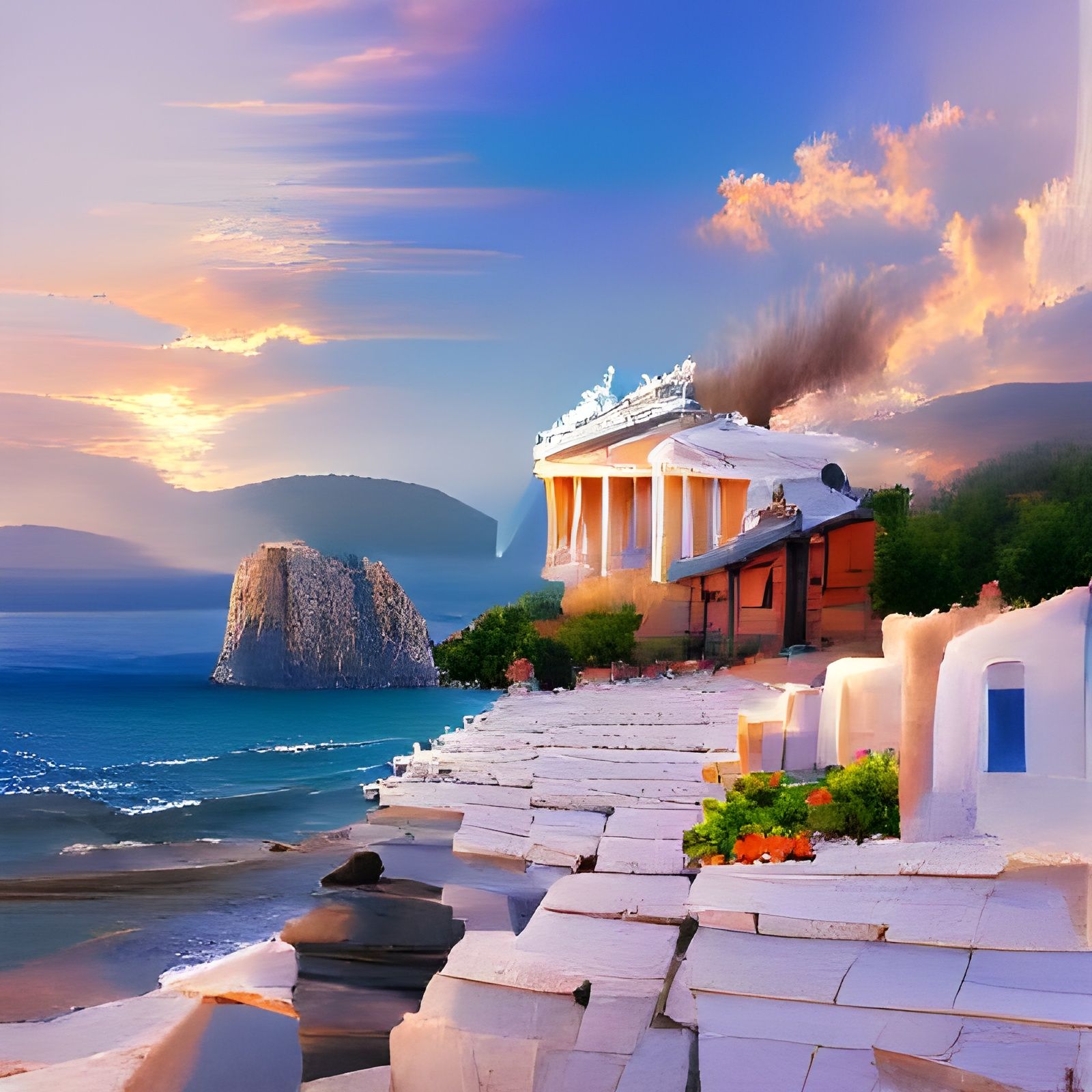 Classic Greek Architecture at Sunrise: Digital Illustration