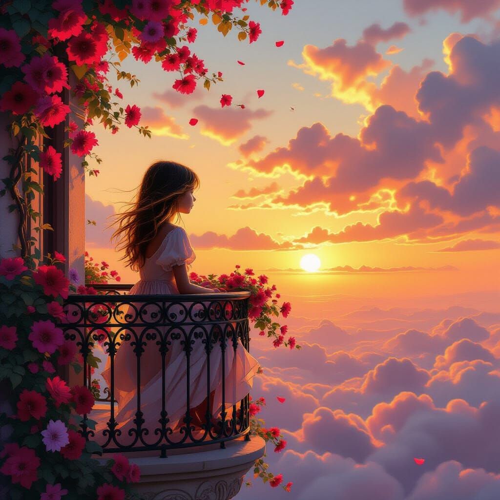 Girl on Balcony Gazes at Sunset, Digital Art