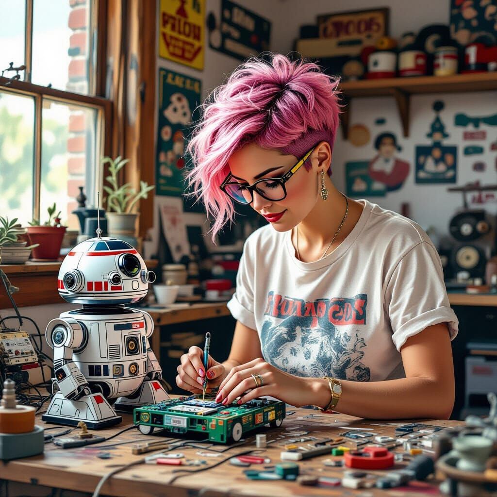 BB8 Watching Woman Repair Robot as Impressionist Art