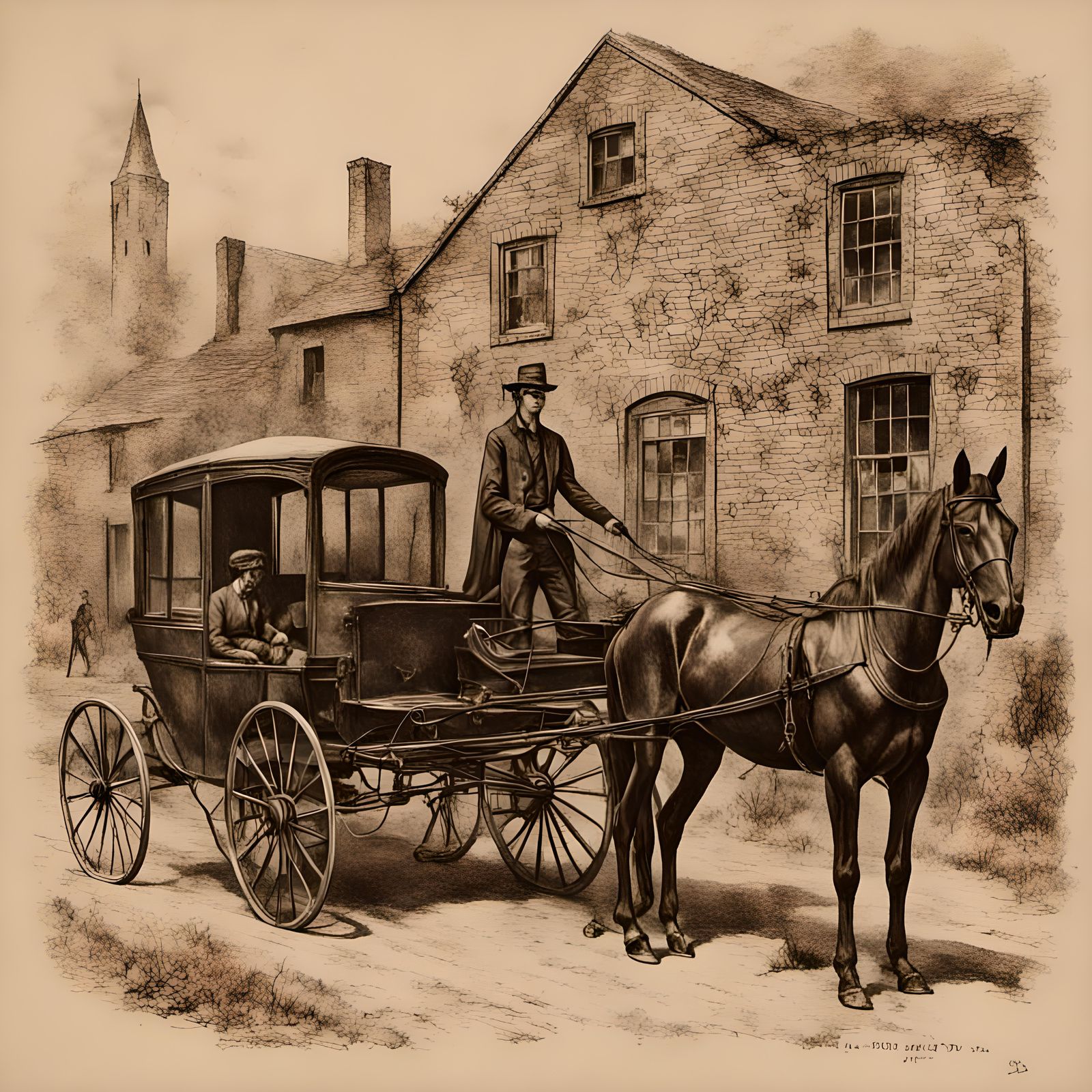 1900s Milkman with Horse-Drawn Carriage in Graphite