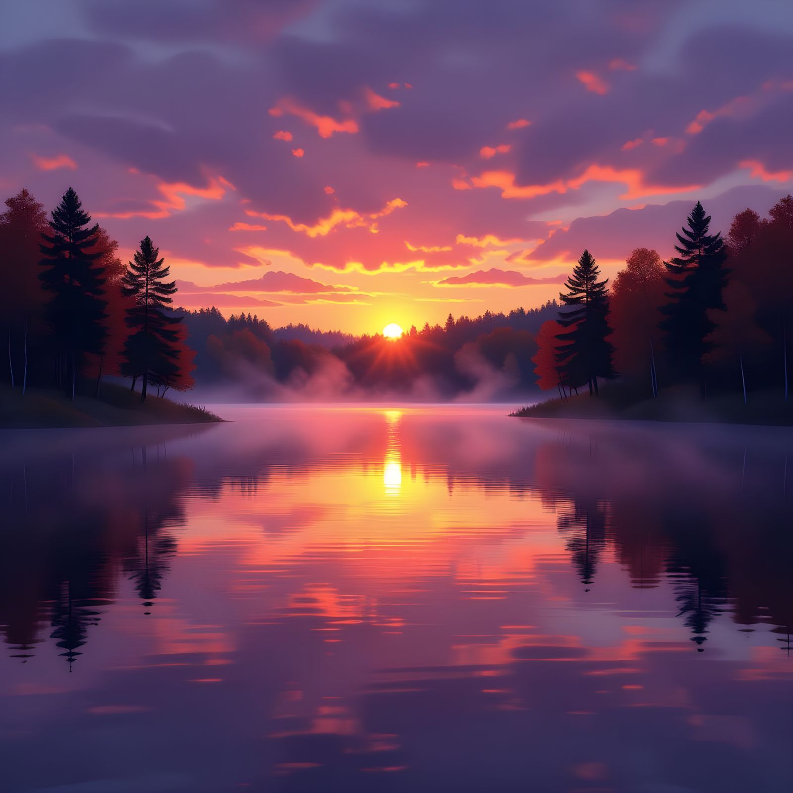 Serene Autumn Lake at Dusk With Misty Reflections