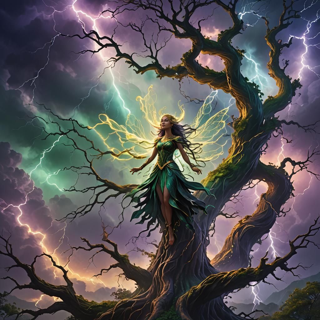 Storm Fairy on Ancient Tree: Fantasy Matte Painting