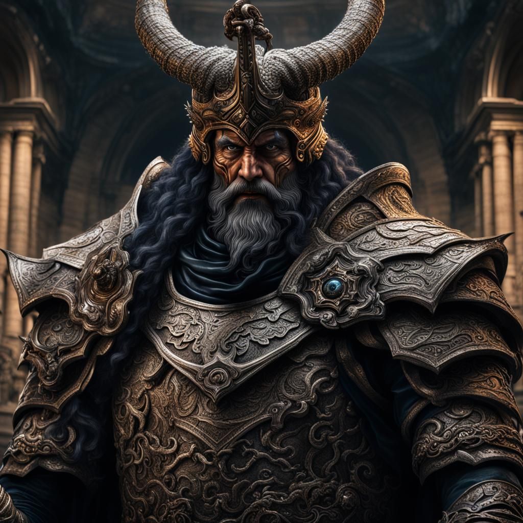 Hyperrealistic Demigod King in Black Armor