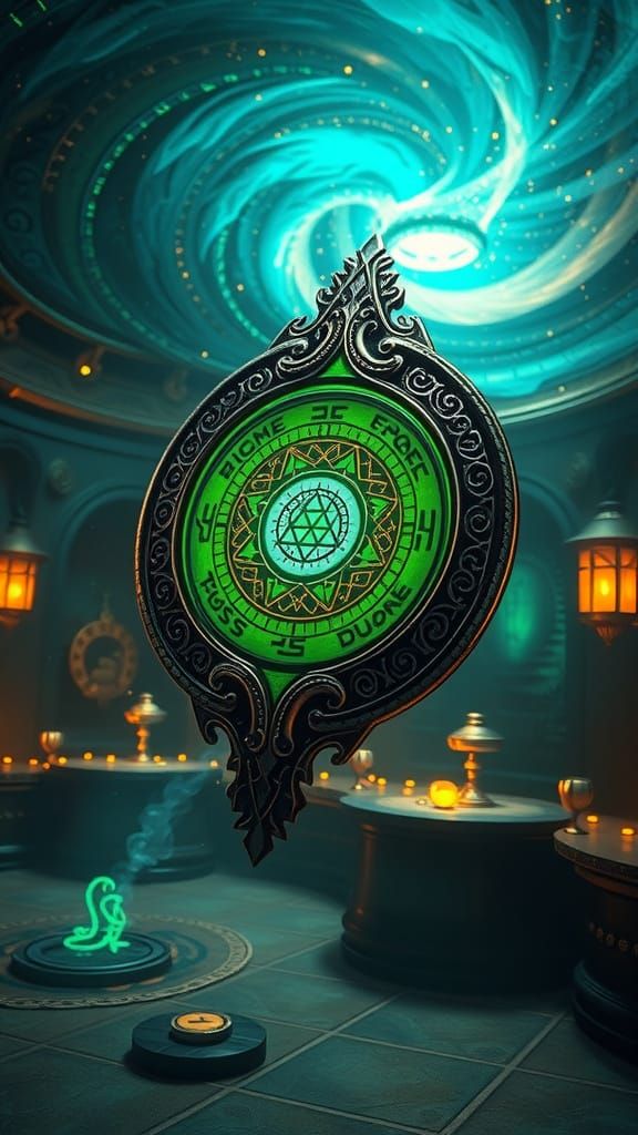 Ethereal Amulet Levitates in Dark, Mystical Chamber