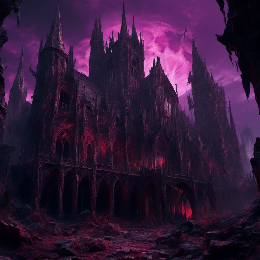 Gothic Castle with Purple Glow in Dark Fantasy Style