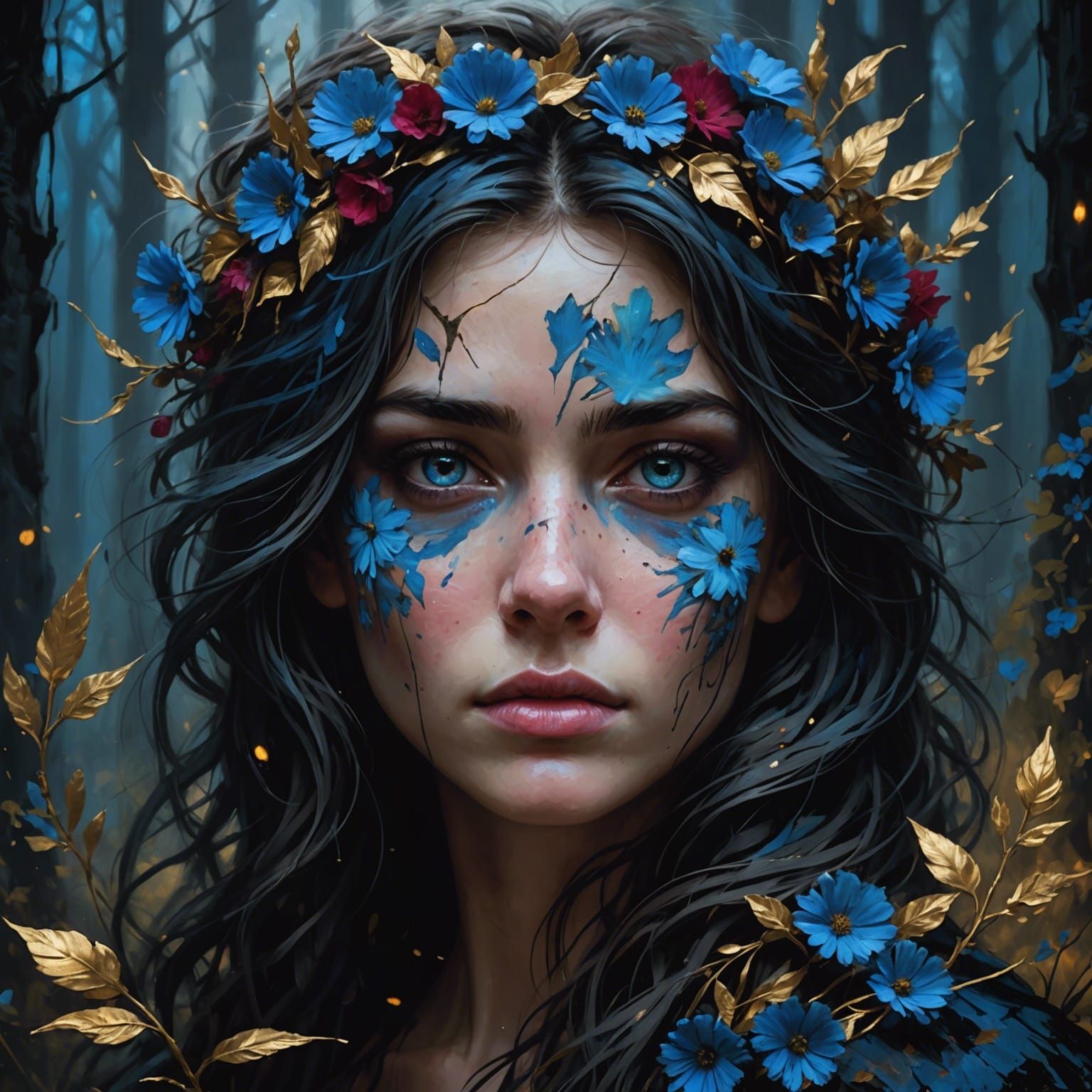Blue Floral Portrait in Fantasy Concept Art Style