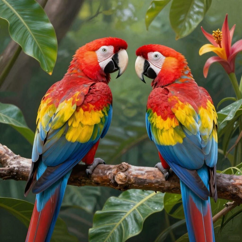 Vibrant Scarlet Macaws on Tropical Branch Digital Painting