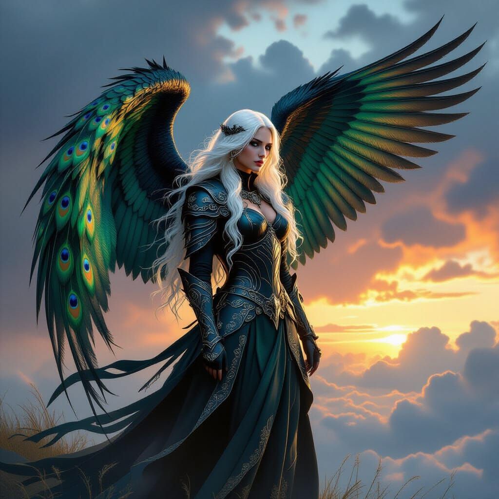 Fallen Angel with Peacock Wings in Stormy Sky