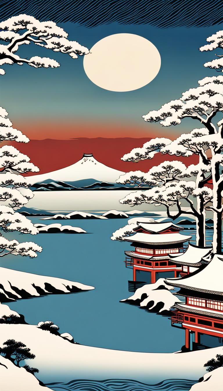 Winter River Scene with Temples in Ukiyo-e Style