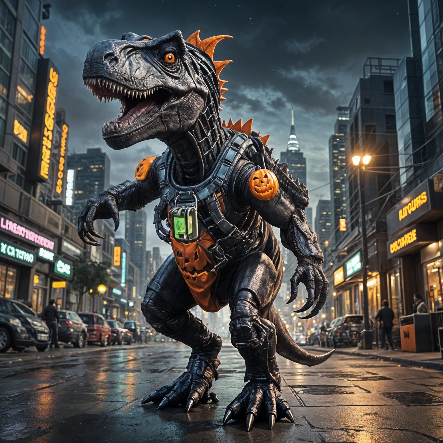 Baby T-Rex Trick-or-Treating in Sci-Fi Style