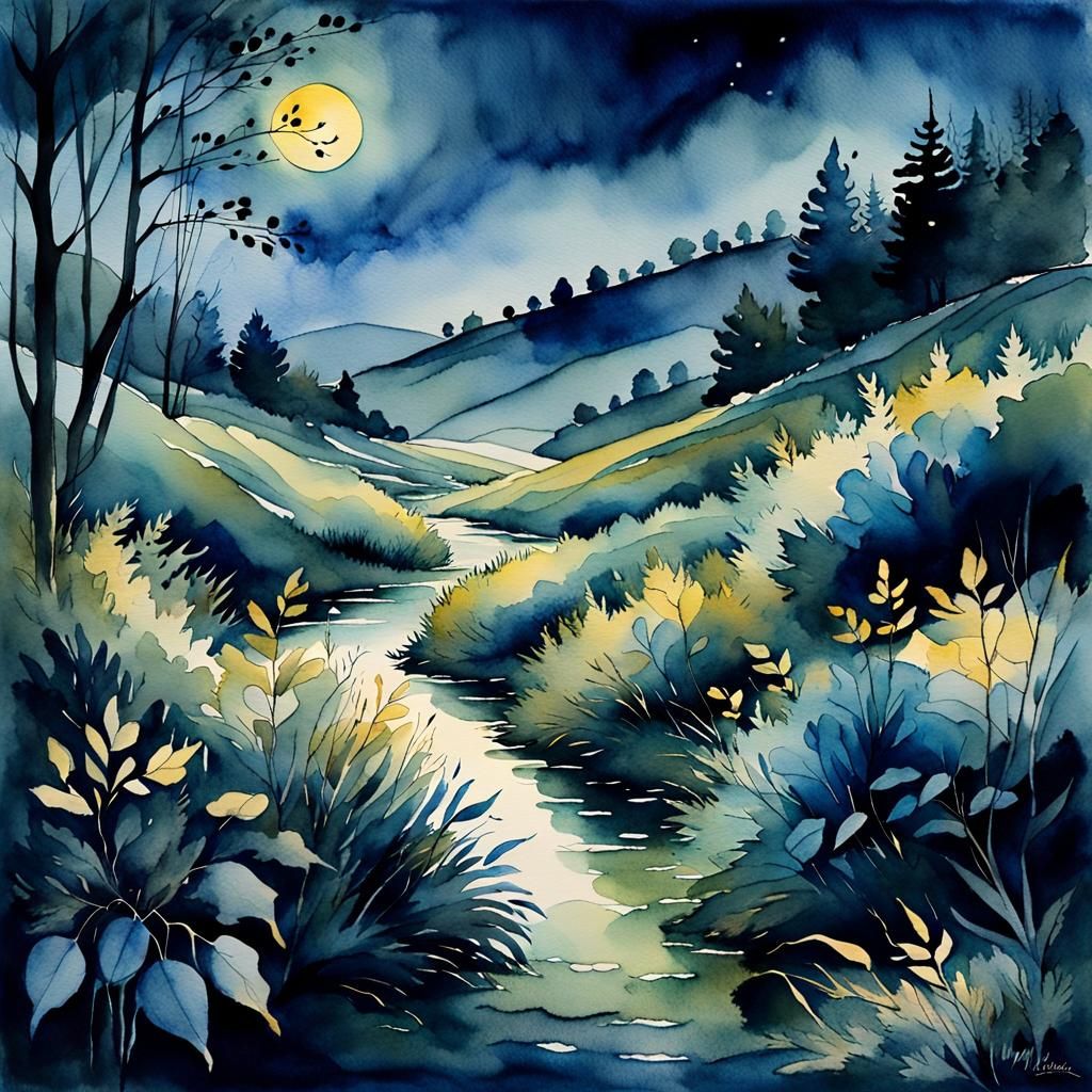 Ethereal Beauty Emerges in Velvet Night: Watercolor