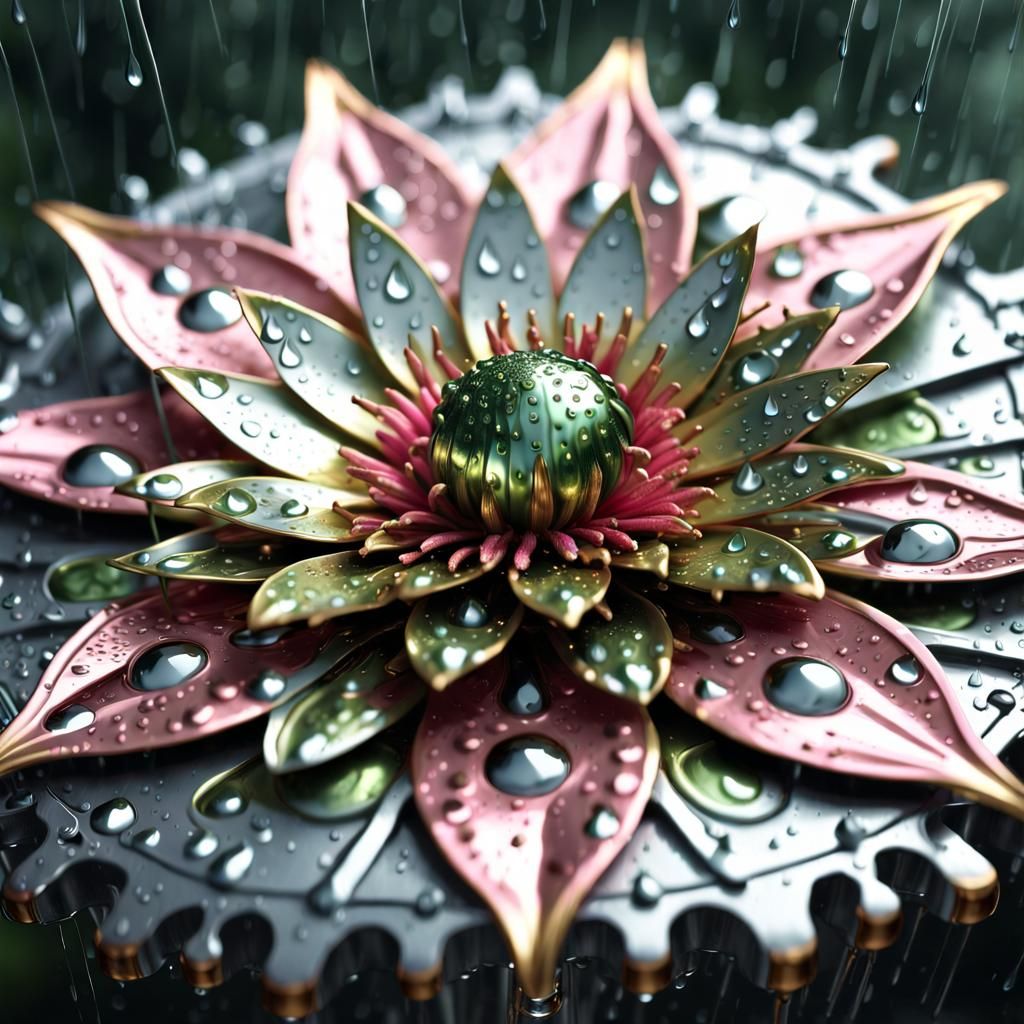 Metallic Dahlia Flower with Water Droplets in Steampunk Styl...