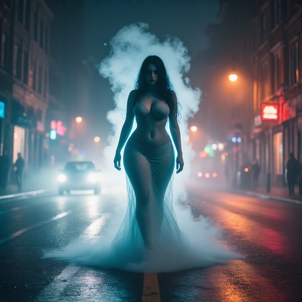 Woman Formed of Fog Walks Street at Night