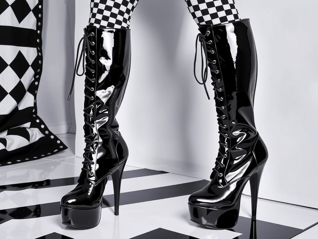 Closeup portrait photo, very high heel stiletto platform patent leather BDMS thigh high lace up boots on a black and whi...