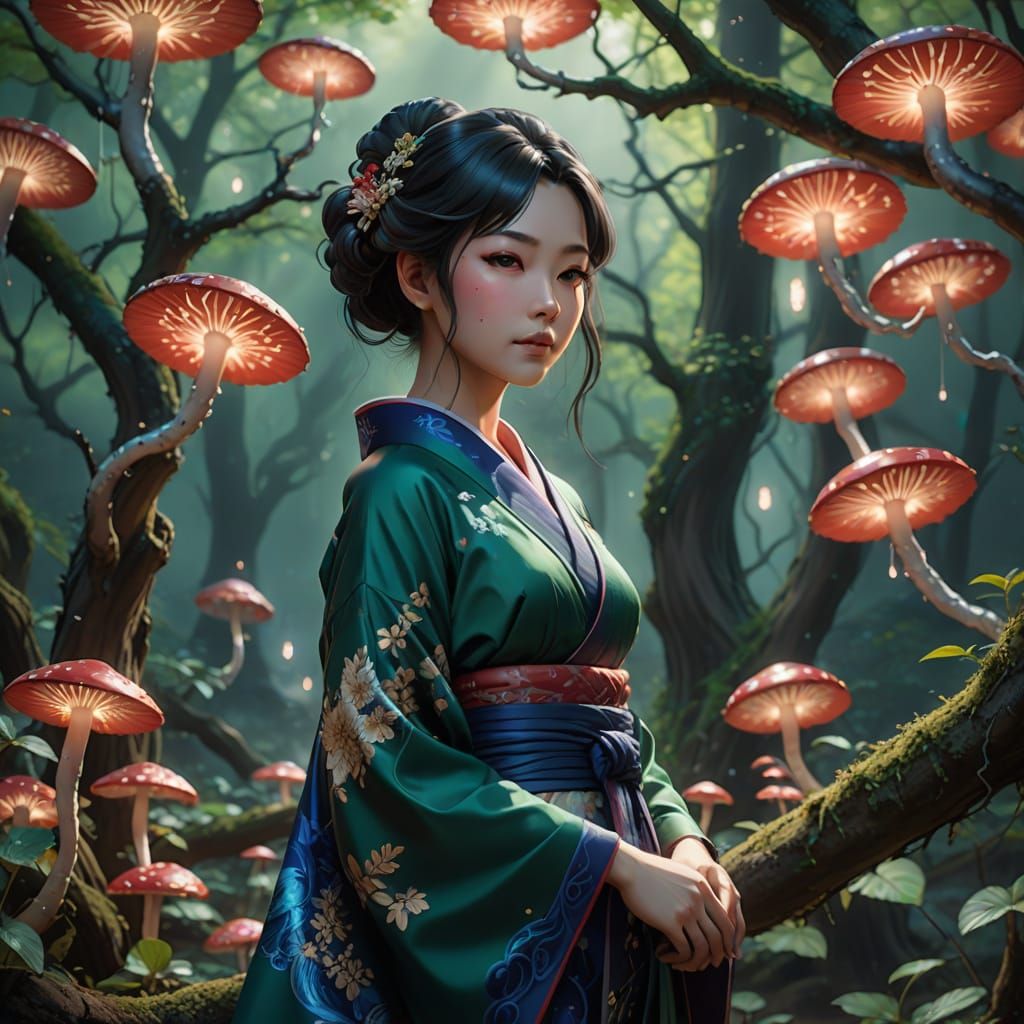 Ethereal Japanese Woman Surrounded by Mystical Aura in Anime...