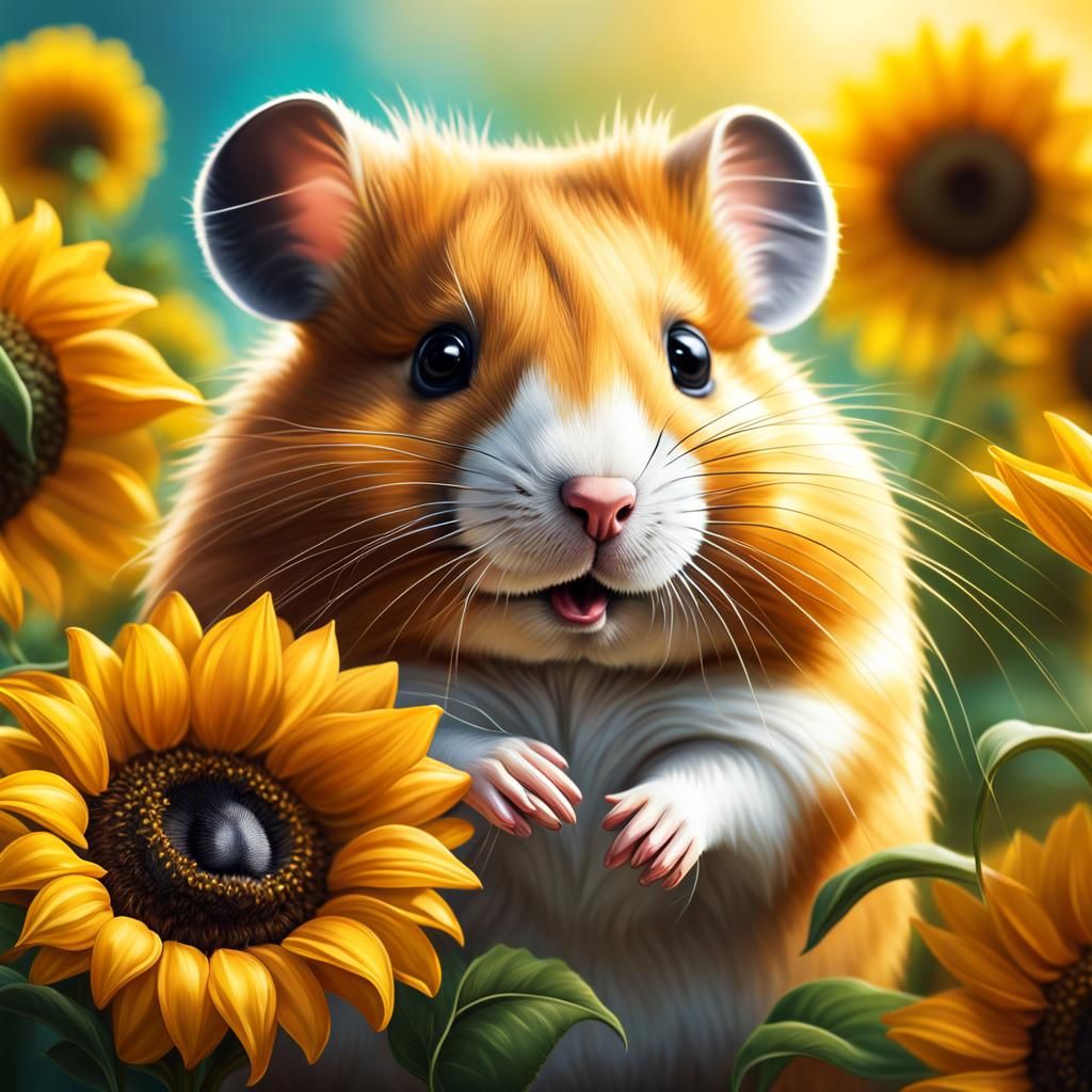 Cute hamster and the sunflowers