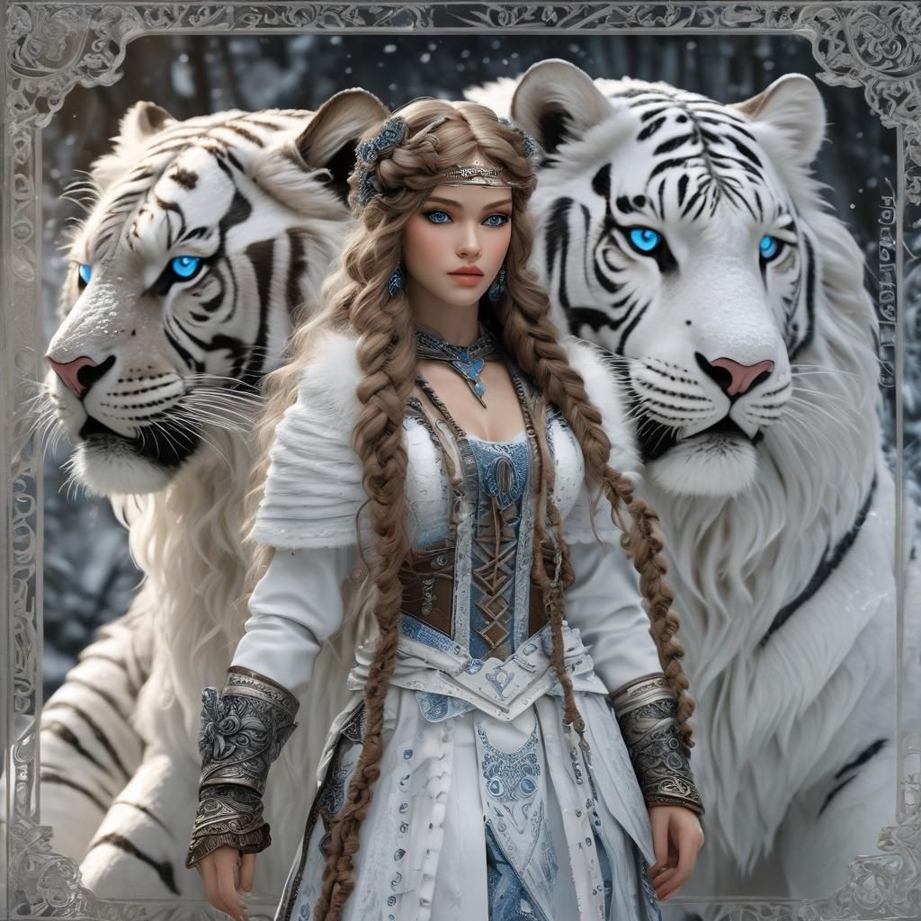 Young woman with long brown curly hair with blue eyes with bangs and braids as a majestic, regal doll with a pure, snowy...