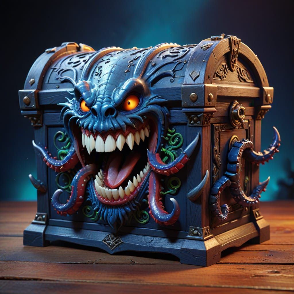 Luxurious Midnight Blue Mimic Treasure Chest in Dark Fantasy...