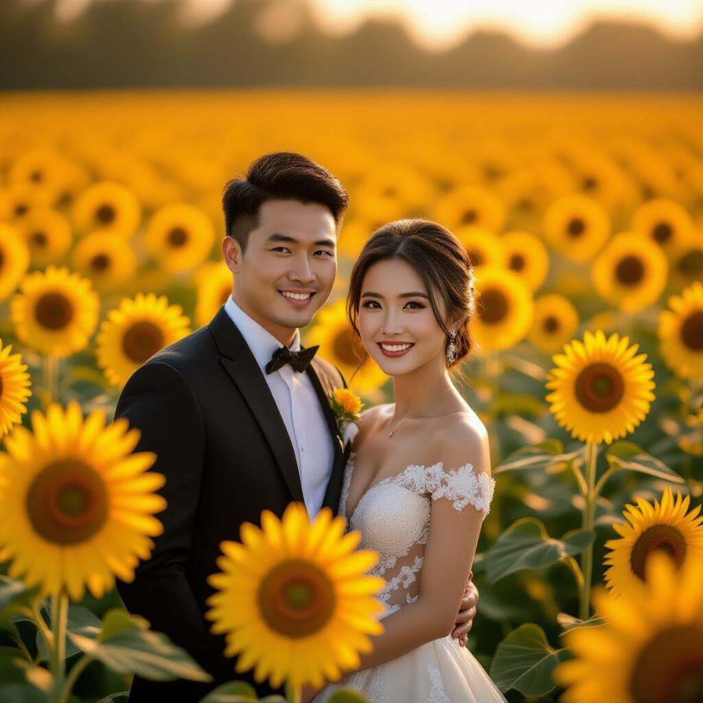 Chinese Couple in Sunflower Field: Cinematic Film Still