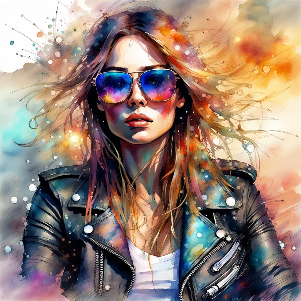 Beautiful Biker Woman in Digital Watercolor Art