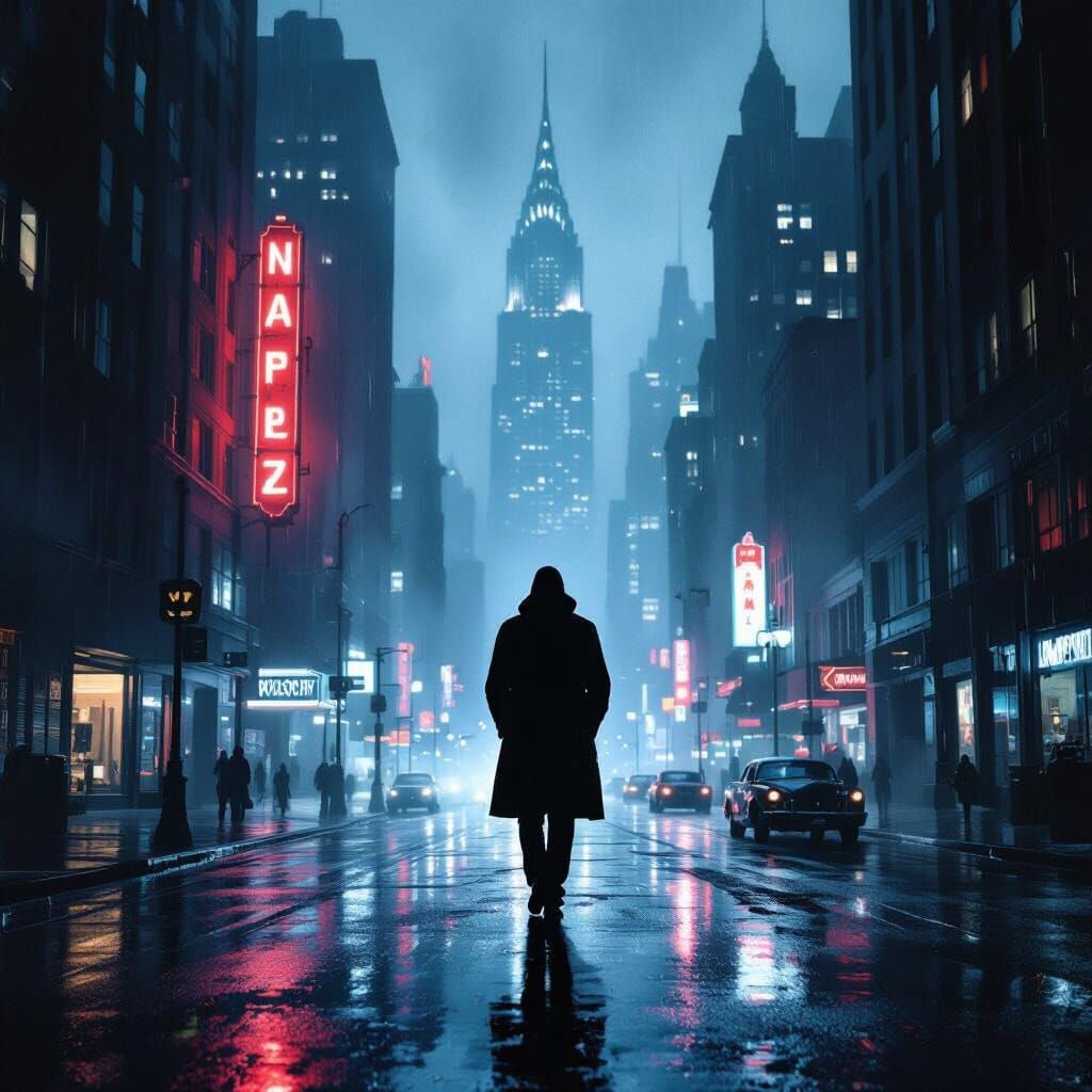 Neo-Noir City Street at Night in Painterly Style