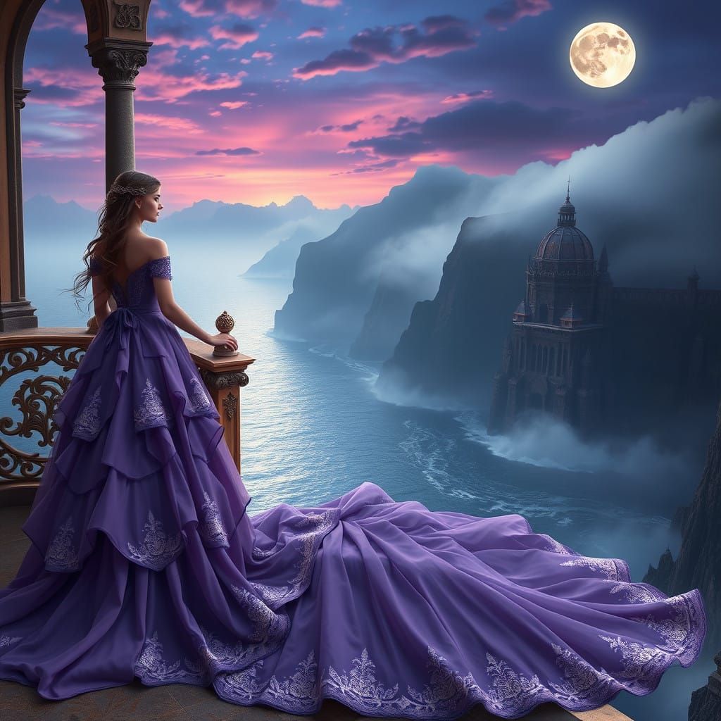 Princess Gazing Out at Serene, Moonlit Ocean
