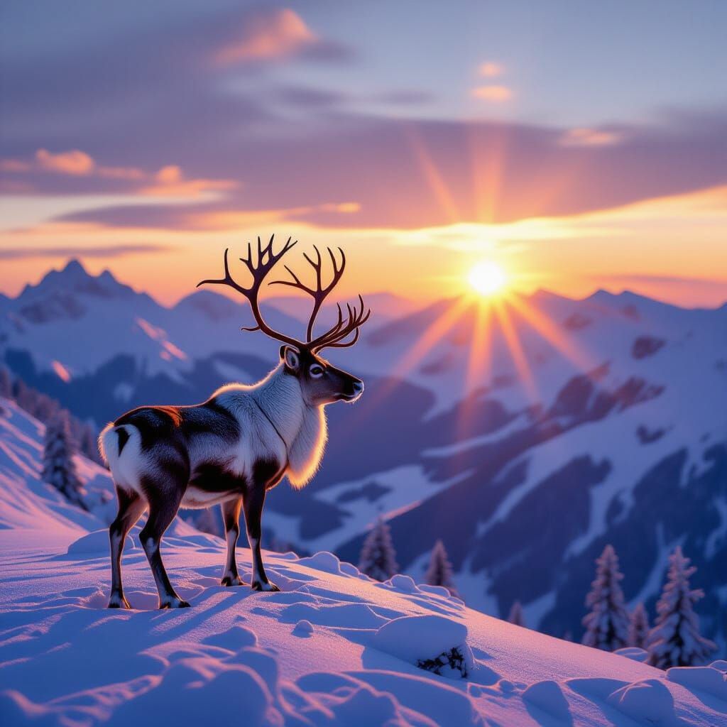 Majestic Reindeer on Snowy Mountain at Sunset
