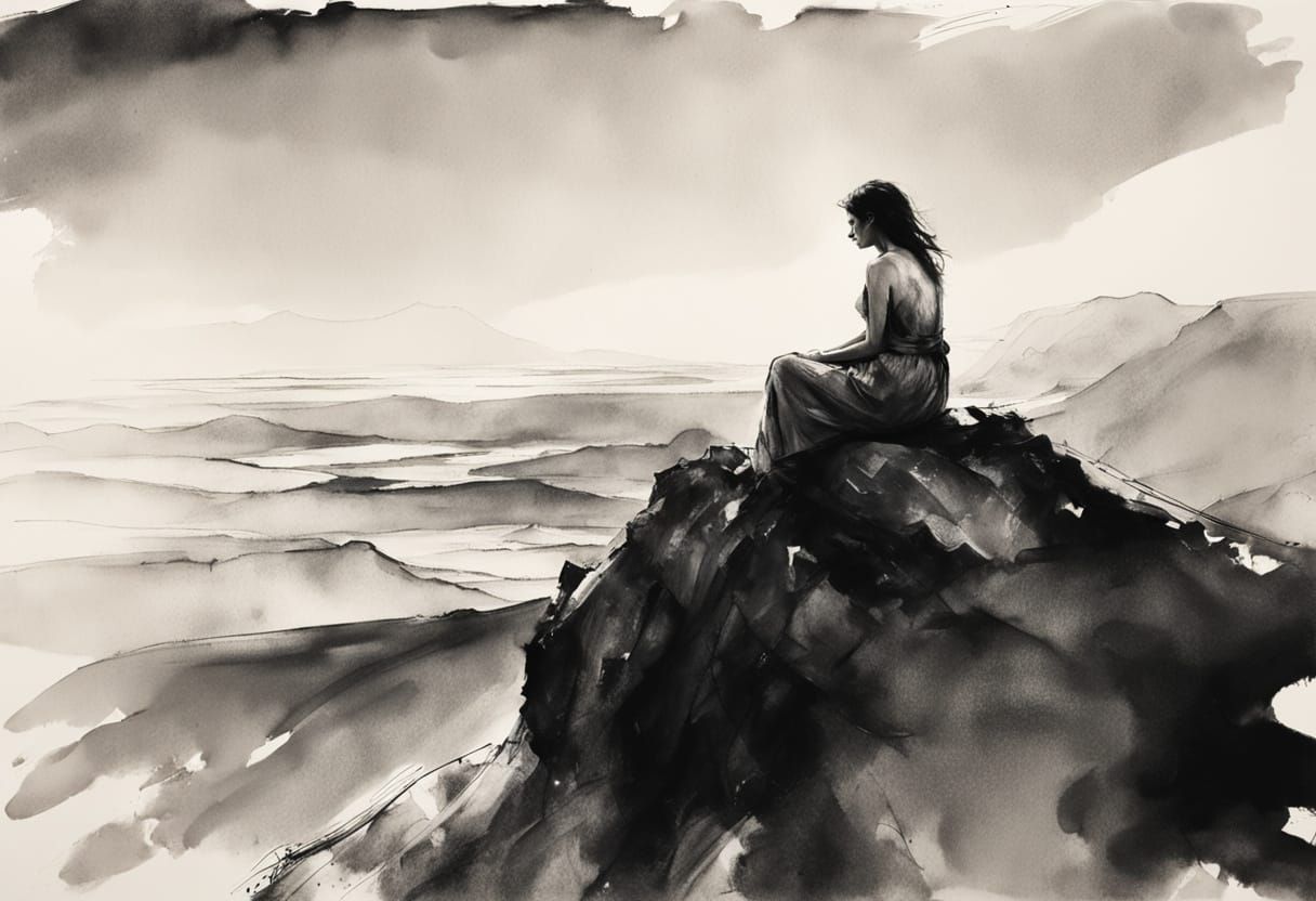 Woman in Deep Thought on Mountain Peak