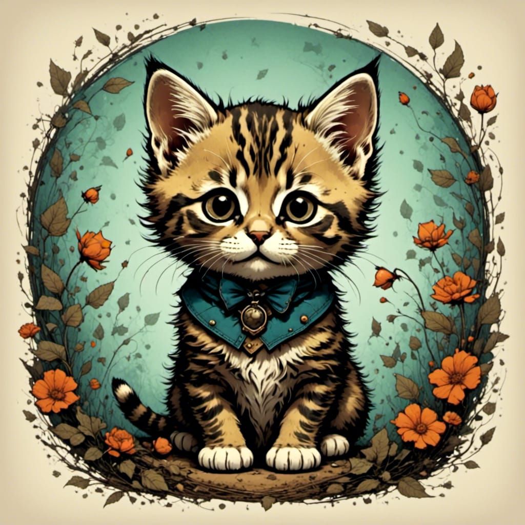 Adorable Kitten in Screen Print Style