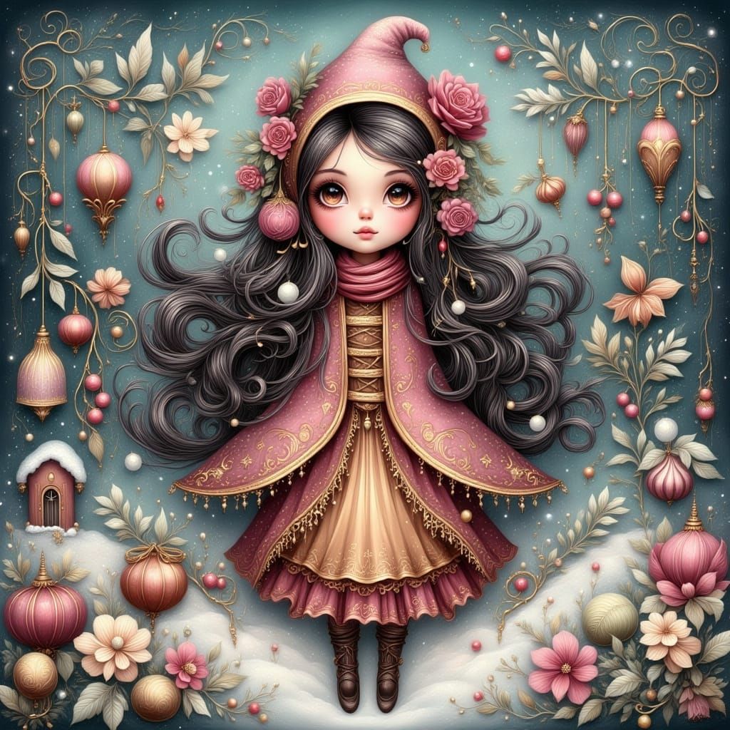 Folk Art Girl in Snowy Winter Landscape