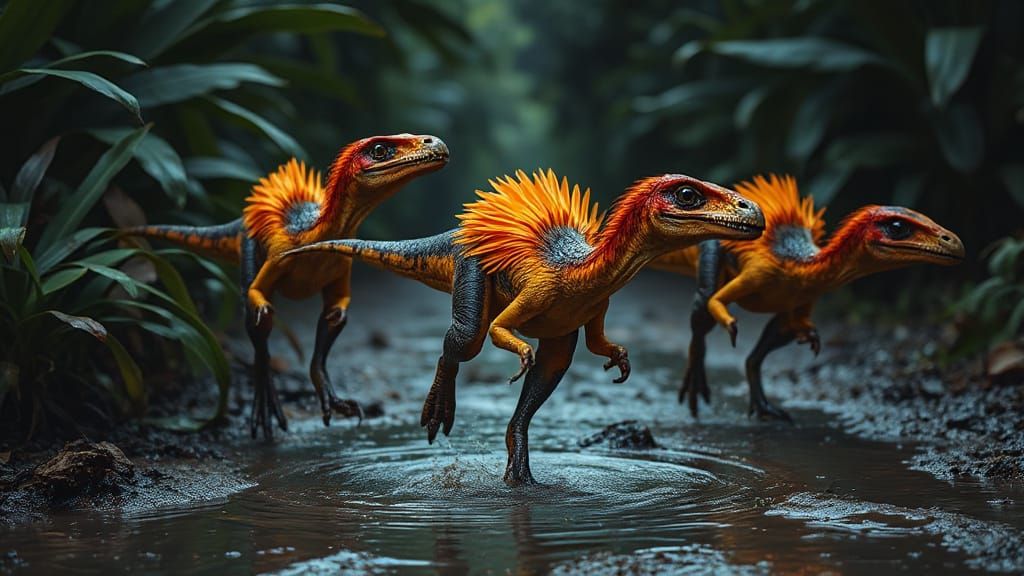 Brightly Colored Feathered Velociraptors Hunting in Jungle
