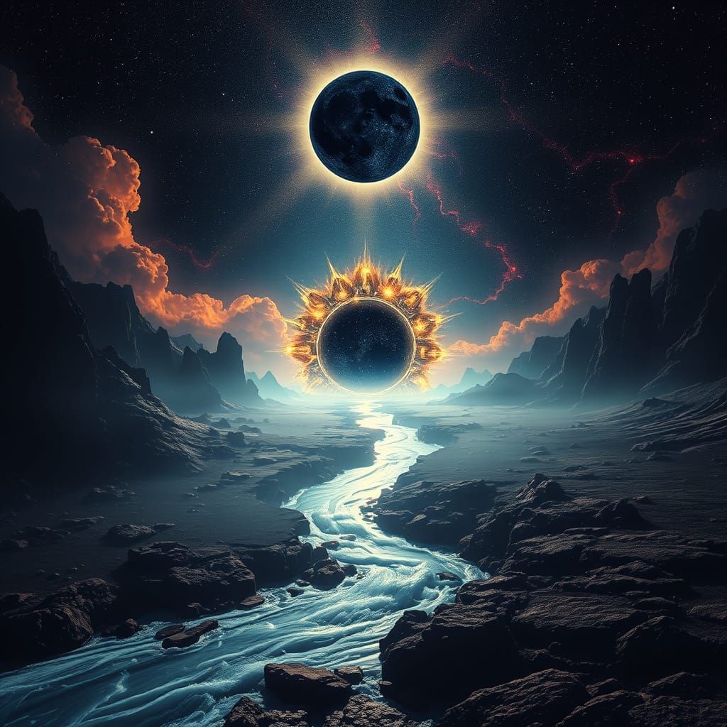 Mystical River to Parallel Universe Under Black Sun