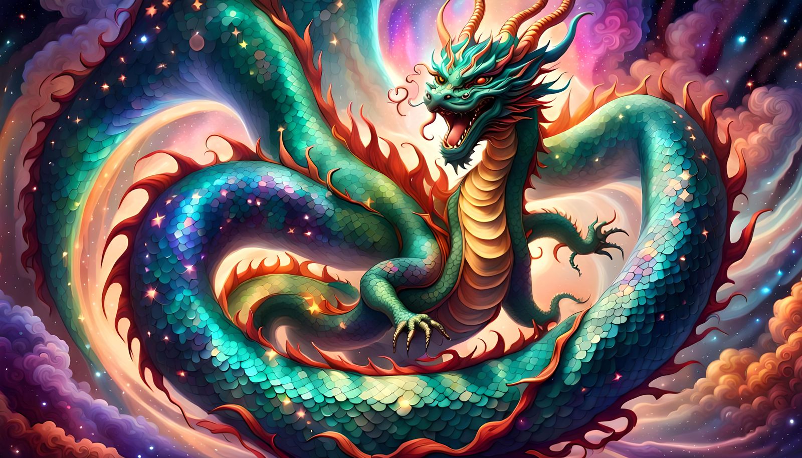 Jade Dragon Goddess Nuwa in Space, Fantasy Art