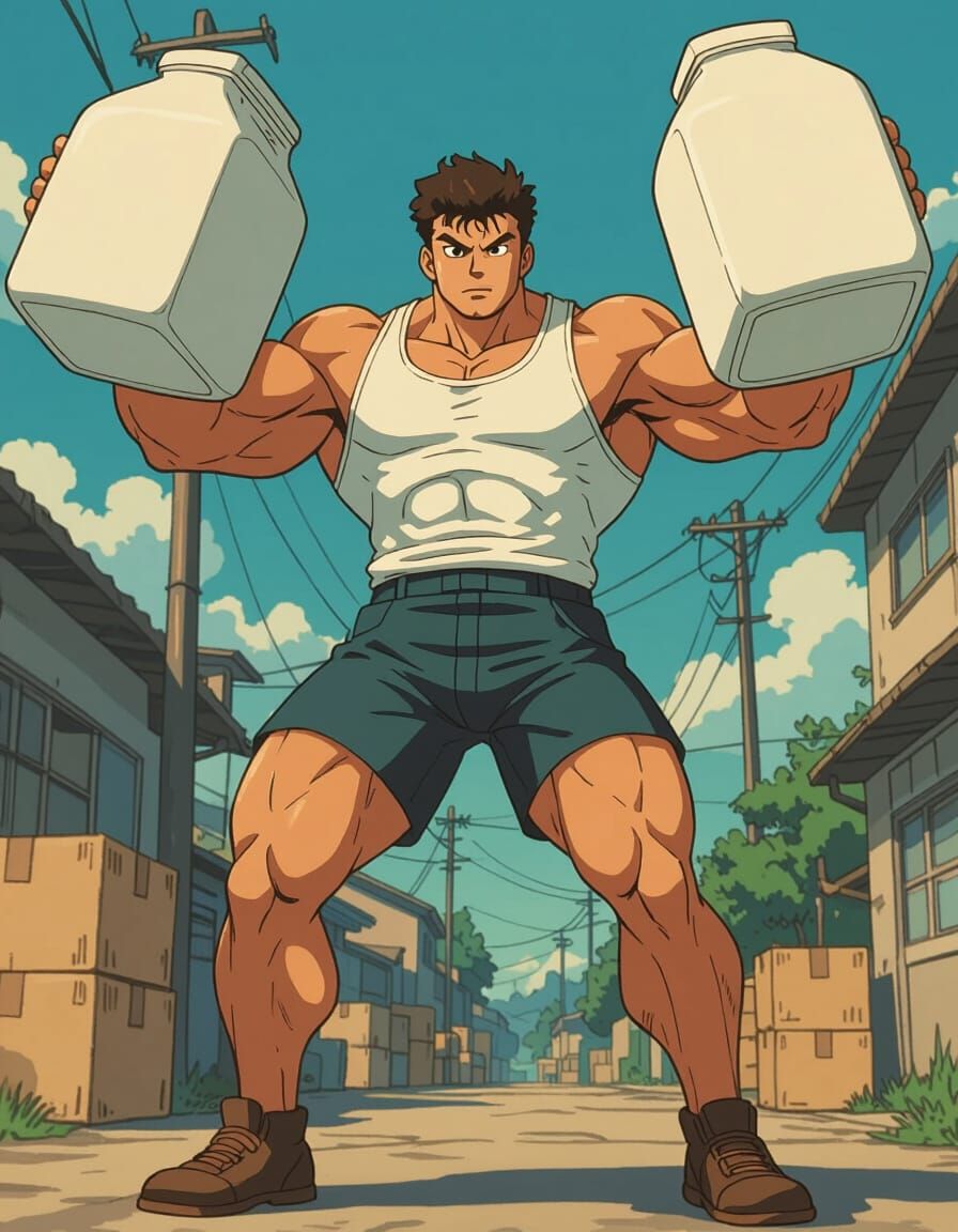 Comical 90s Anime Man Training with Milk