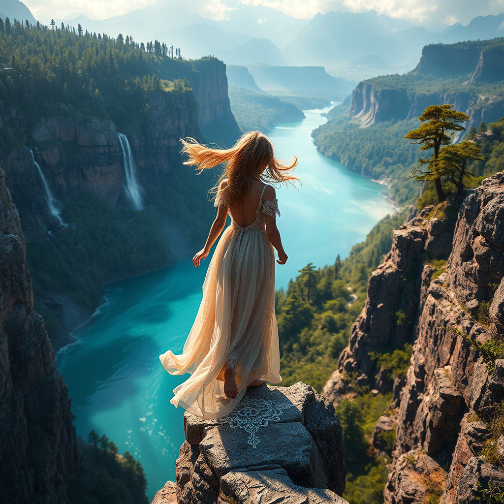 Girl at Cliff Edge in Dreamlike Landscape