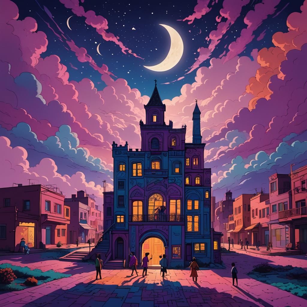 Dynamic Crescent Moon Scene in Pop Art Style