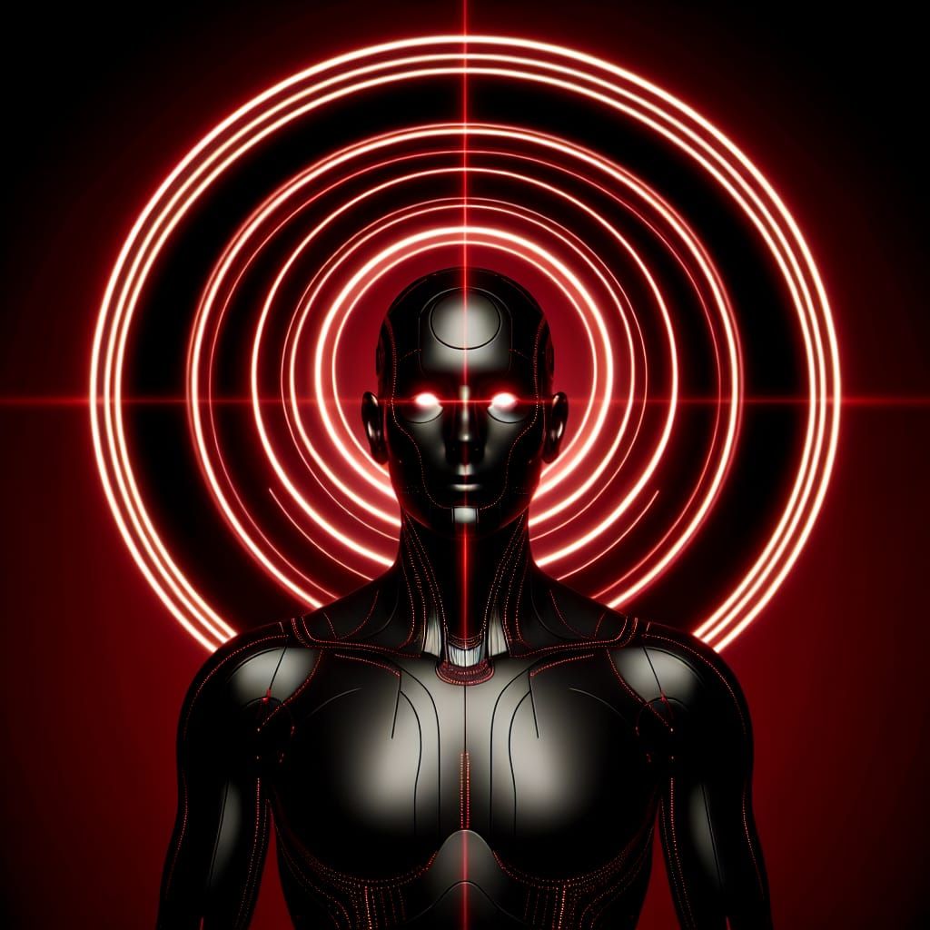 Humanoid Robot with Red Halo in Cyberpunk Style
