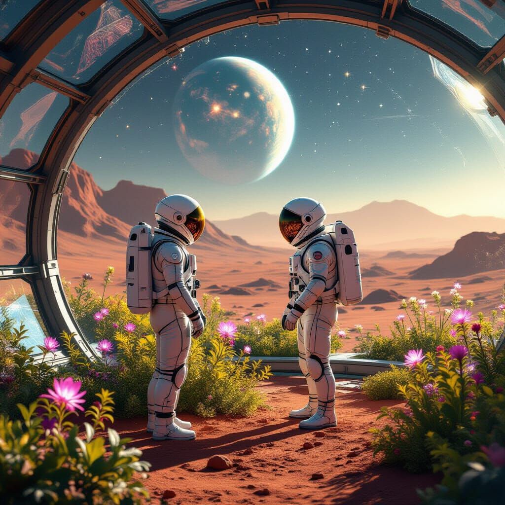 Astronaut Tends Martian Biodome Flora in Solarpunk Style