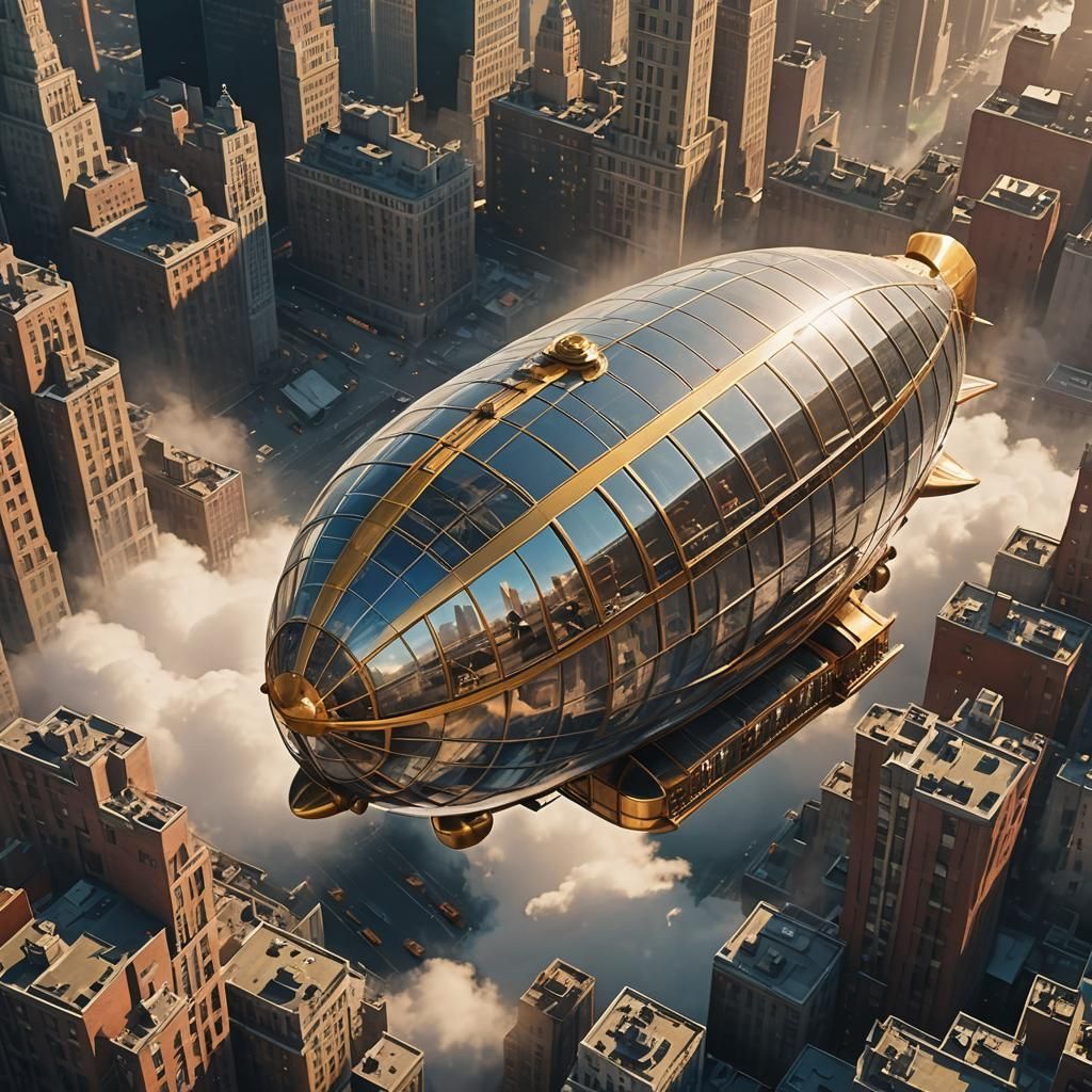 Airship Over New York City in Steampunk Style