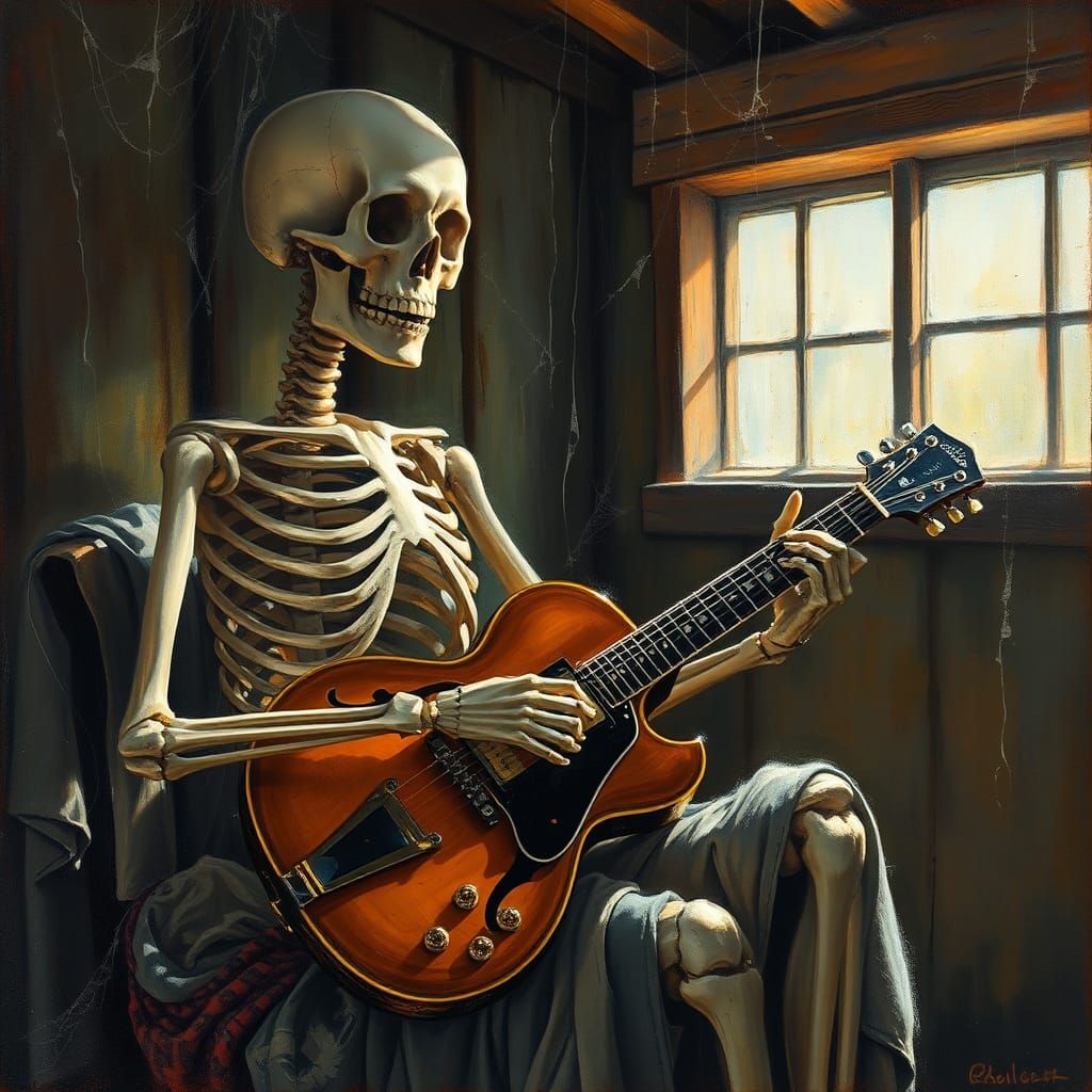 Skeleton Plays Guitar in Abandoned Cabin: Impressionistic Oi...