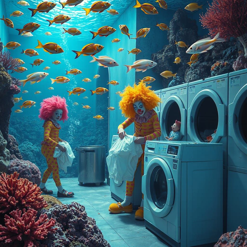 Clowns Frustrated in Underwater Laundromat as Digital Art