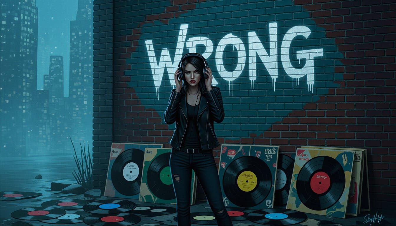 Singer in Misty Cityscape: Futuristic Noir Art