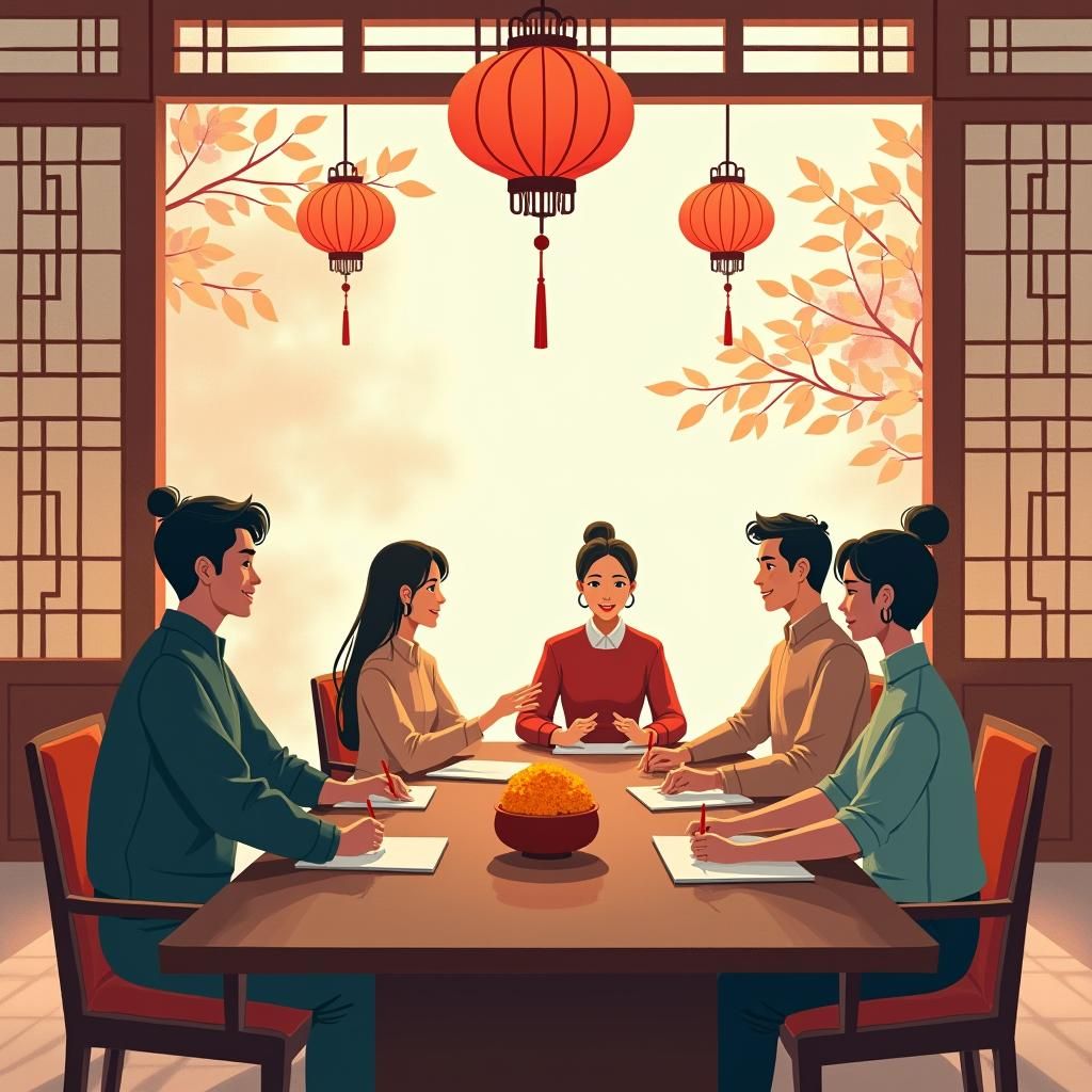 Chinese Team Meeting in Serene, Watercolor-Inspired Setting