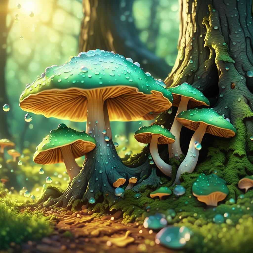 Colouring Book Fungi with Dew Drops in Magical Forest