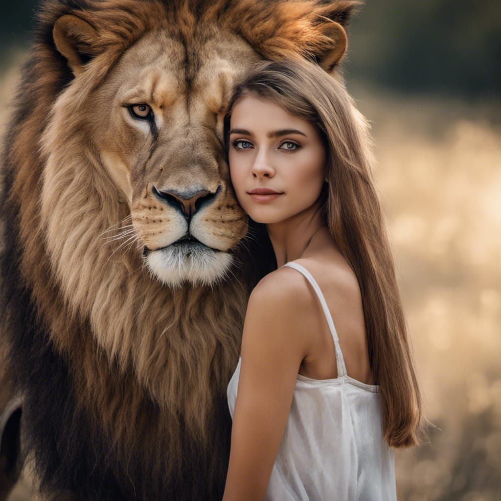 Teenage Woman and Lion Portrait with Rim Lighting