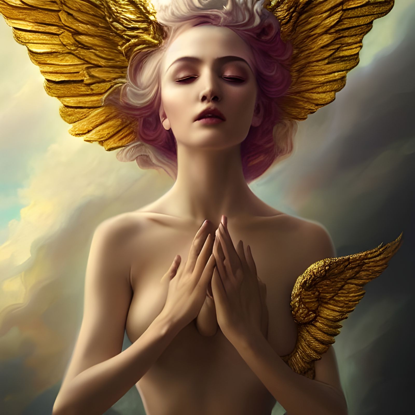 Concrete Winged Angel in Heavenly Clouds