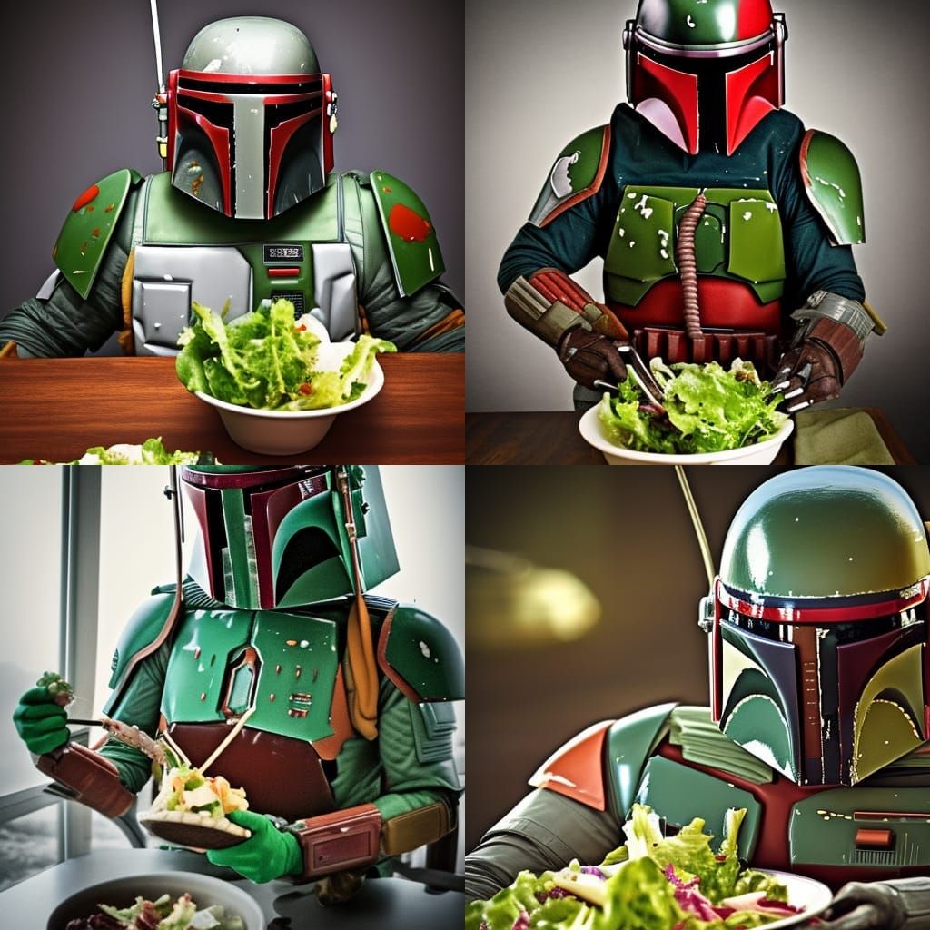 Hyperrealistic Boba Fett Laughing While Eating Salad