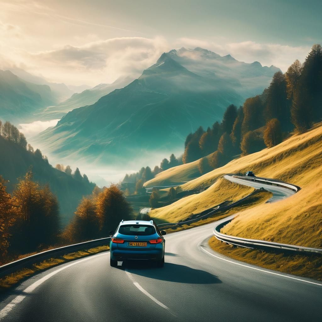 Car on Swiss Mountain Road: Surreal Digital Art