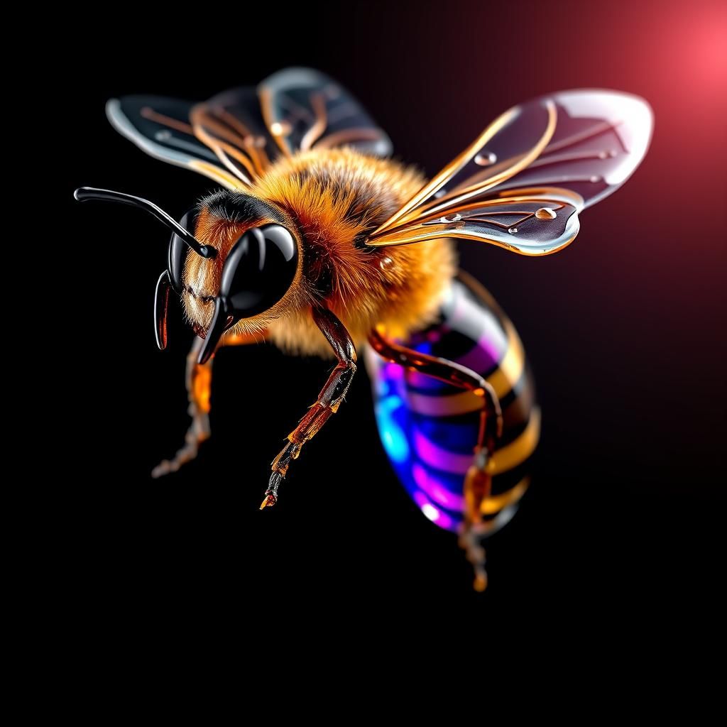 Glass Bee on Black Background: Hyperrealistic Splash Art